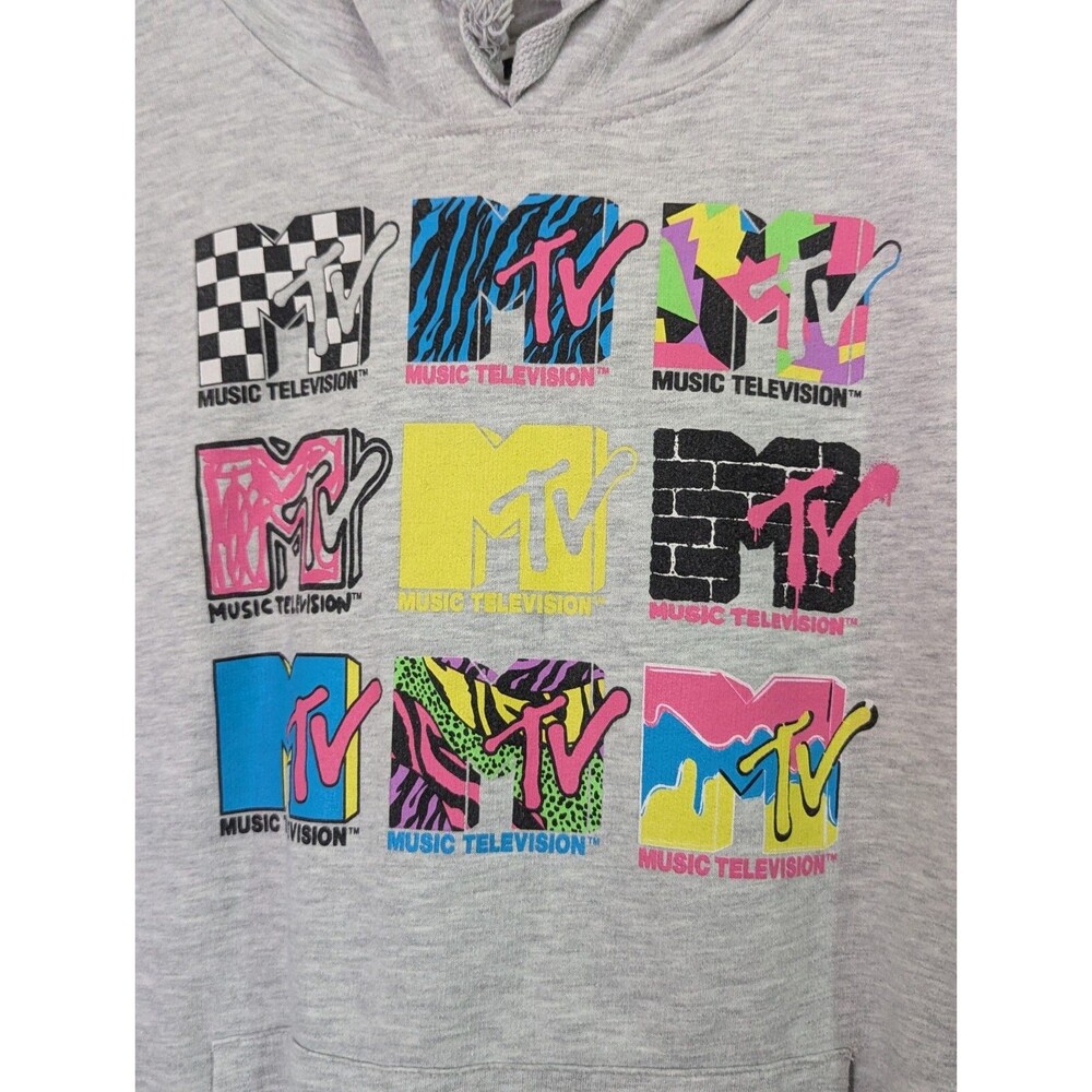 MTV Logo Pocket Hoodie Sweatshirt Unisex XXL Gray Graphic Print Retro 80s Music